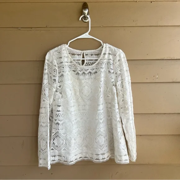 Garnet Hill Crochet Long Sleeve Top - Size M - Boho Hippie Peasant Modest - Picture 2 of 6